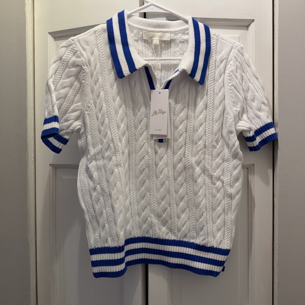 NWT LILLY PULITZER SUZETTE SWEATER SIZE M RESORT WHITE X MARTINIQUE BLUE TIPPING